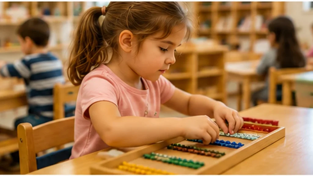 Child working independently with Montessori materials in a prepared classroom while families compare Montessori school quality