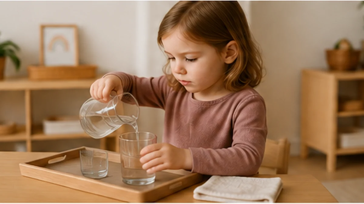 Child completing a practical life Montessori activity in a prepared environment as families compare tuition and enrollment options
