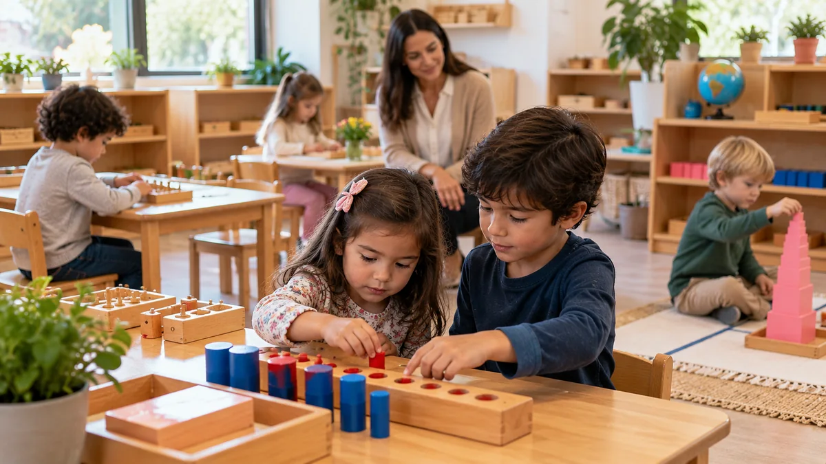 Mixed-age Montessori classroom with younger and older children working together