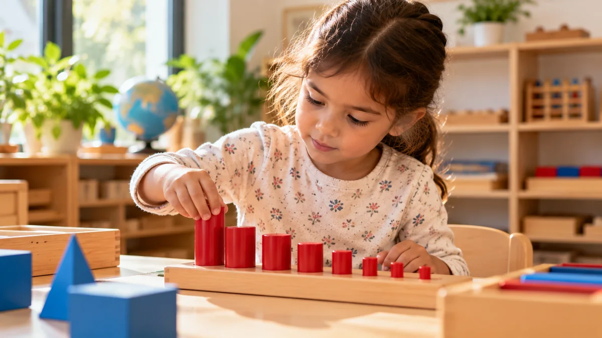 Young child concentrating on Montessori materials during an uninterrupted classroom work cycle